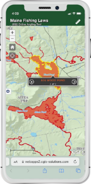 screenshot of the FLOAT tool on an iphone which shows lakes marked as red or blue