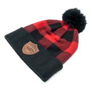 red and black plaid beanie with pom pom and MDFIW logo