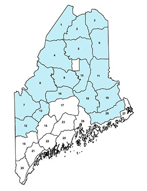 map of Maine with northern eastern and western areas shaded blue