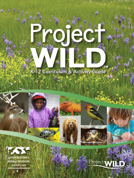 Project Wild book cover with the title on grass with various wildlife photos including bears and children outside