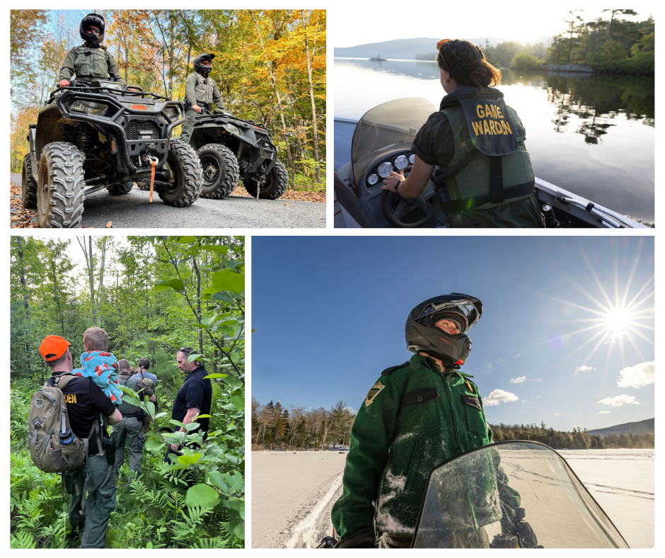 four photo collage including two wardens on ATVs in fall, a warden driving a boat, a warden carrying a missing child, a warden on snowmobile 