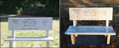 The original and replaced James Levier memorial granite bench on Mackworth Island.