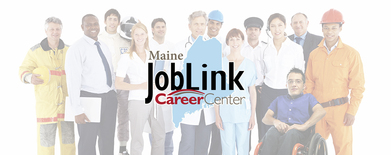 People in various work uniforms standing behind the Maine Job Link logo.