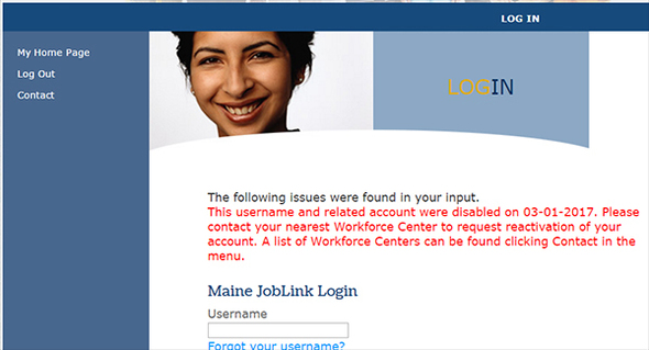Example of a disabled Maine JobLink job seeker account.