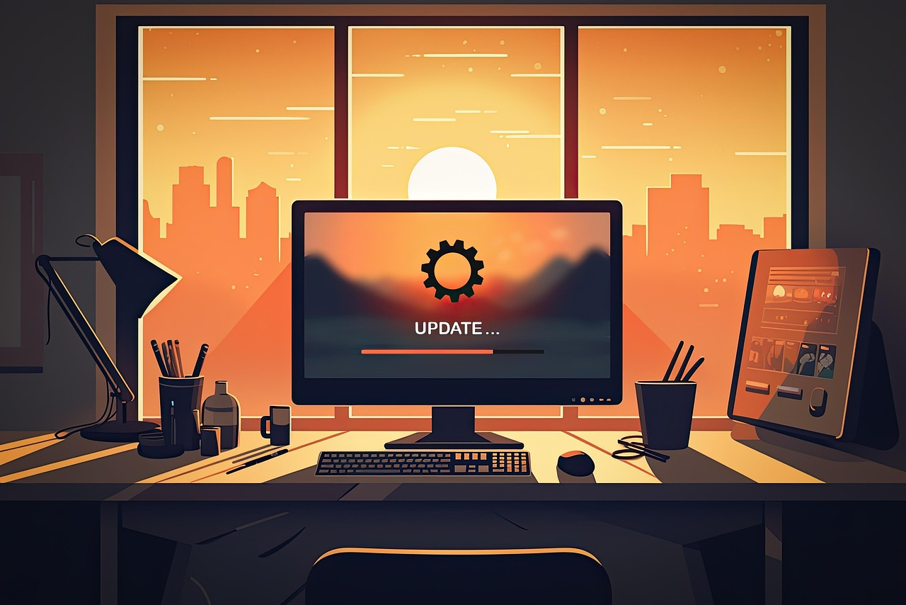 Illustration of a computer running updates (as indicated on the monitor).