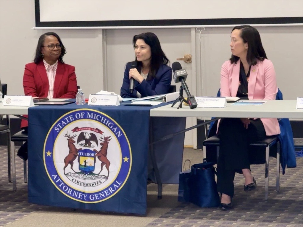 Karen Hall, Michigan Attorney General Dana Nessel, and state Senator Stephanie Chang discuss the Address Confidentiality Program at a roundtable