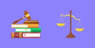 stack of law books with gavel and a set of scales on a purple background