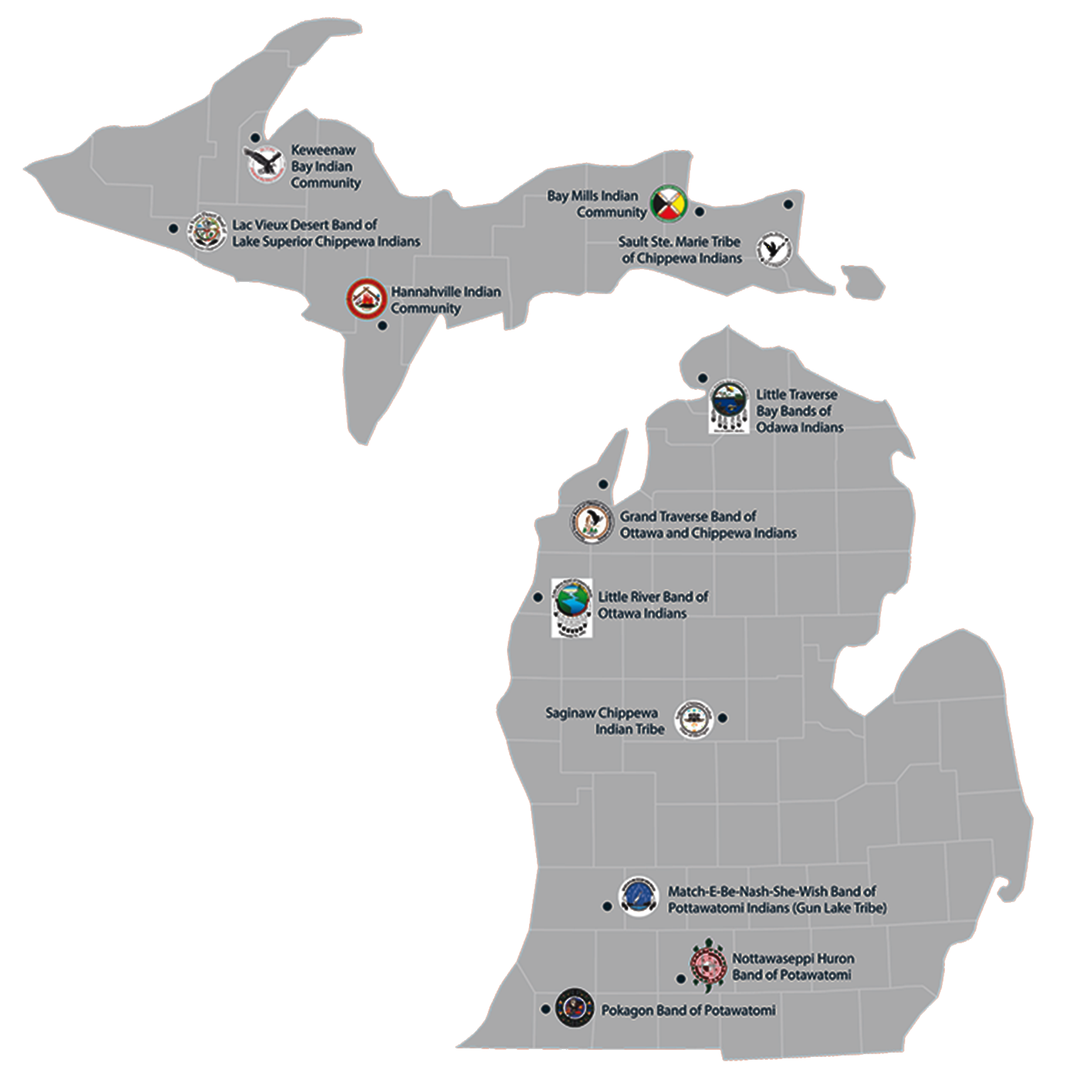 Map of Michigan with logos of 12 federally recognized tribes marked at government locations