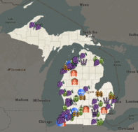 Map of crops in Michigan used in craft beverage production with icons denoting grapes, hops, grain, botanicals.