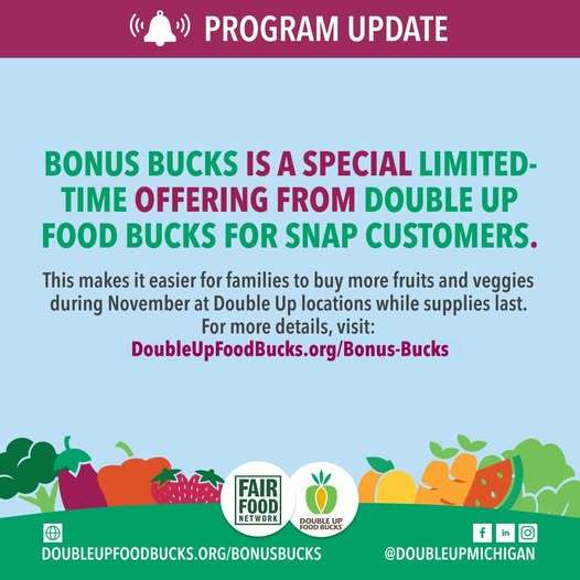 Info graphic announcing expansion of Double Up Food Bucks Program to enable families to buy more fruits and vegetables