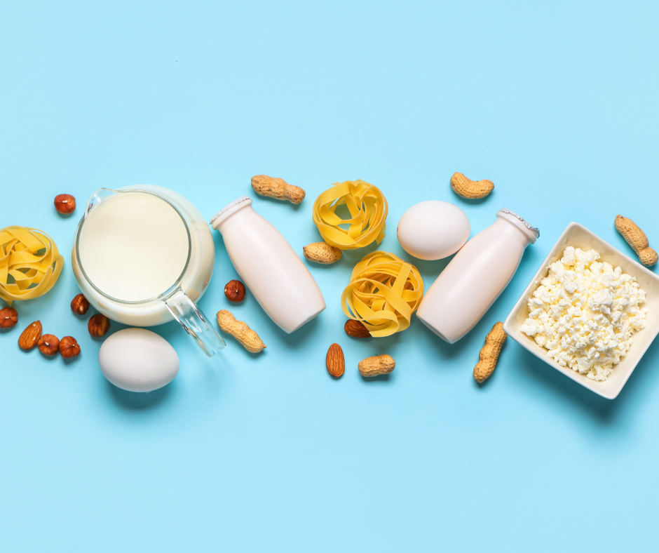 Image of common food allergens including milk, eggs, wheat, and nuts