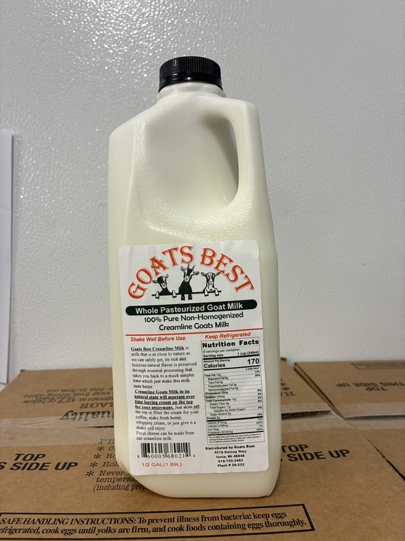 Photograph of a half gallon of Goats Best brand goat's milk