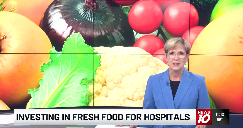 Screenshot of a news anchor discussing the new Good Food for Michigan grant to Corewell Health