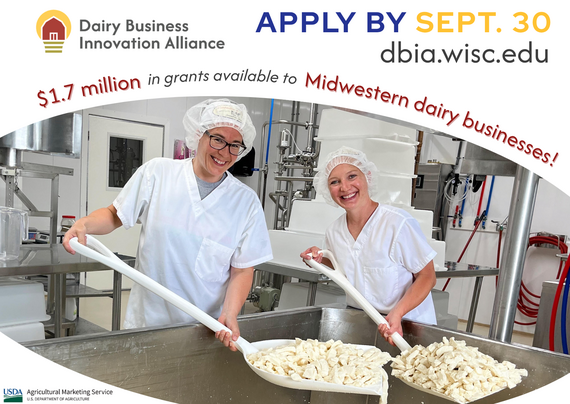 Graphic featuring two cheesemakers that shows dairy business grant applications are due September 30, 2026
