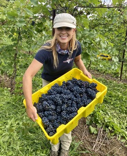 Photograph of Jessica Youngblood holding a crate of wine grapes she grew in her southeast Michigan vineyard