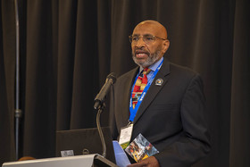 MDCR Director John Johnson addresses the 2022 MI Response to Hate conference in East Lansing, MI.