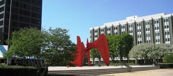 Photo is of La Grande Vitesse a sculpture located in Grand Rapids, MI
