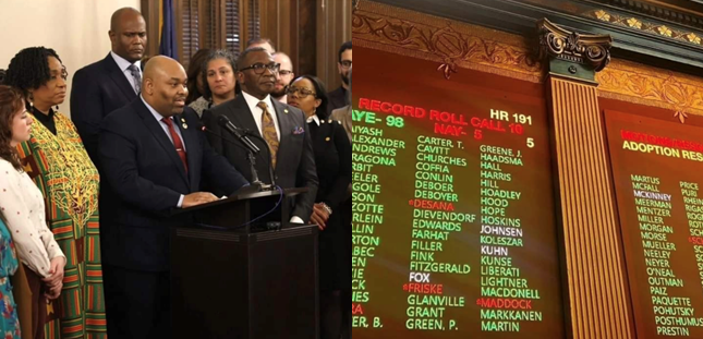 Joint picture of House Voting Board and a group of legislators