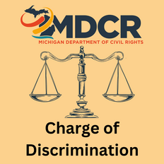 Charge of Discrimination graphic with MDCR logo and scales of justice 