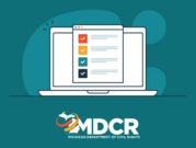 Cartoon image of a computer with a checklist superimposed with a blue background. MDCR's logo is at the bottom. 