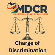 MDCR Charge of discrimination graphic with MDCR logo and scales of justice drawing