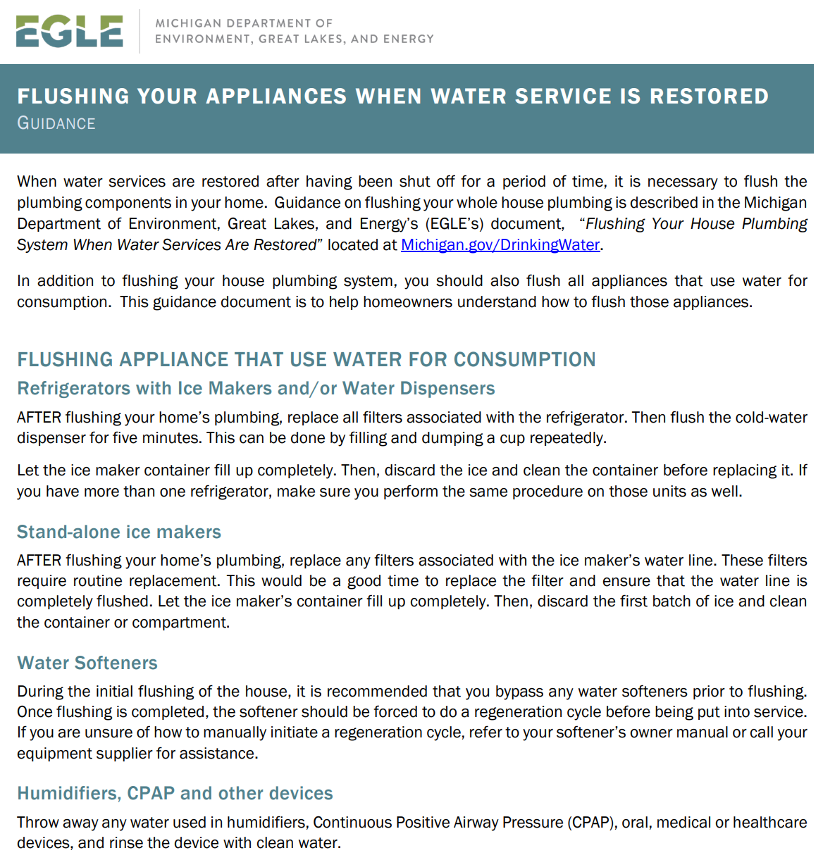 Flushing Appliances When Water Service Is Restored