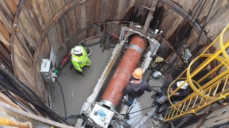 Microtunneling work at installation of relief sewer along Little Mack.