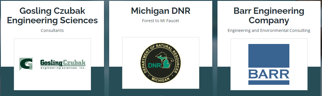 Sponsor logos for Gosling Czubak Engineering Sciences, Michigan DNR, Barr Engineering
