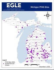 Map showing locations of PFAS sites in Michigan.