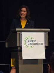 Gov. Gretchen Whitmer at the MI Healthy Climate Conference in Detroit on April 11, 2023. 