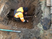 Contractor connecting a new non-lead service line to a home in Benton Harbor. Courtesy Abonmarche Consulting. 