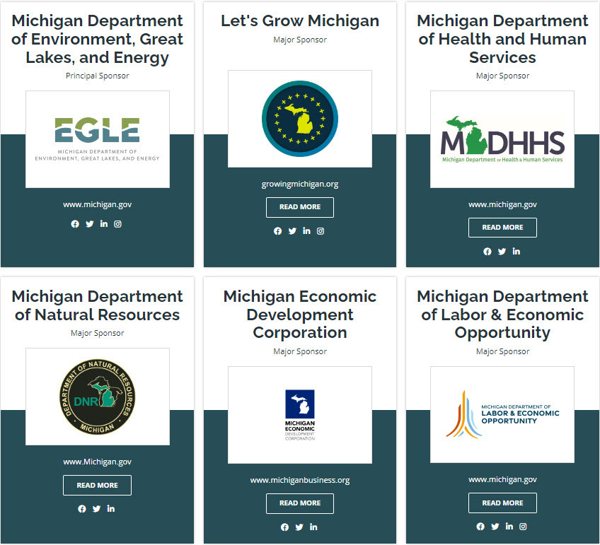 Conf Sponsors - EGLE, Let's Grow Michigan, MI Dept. of Health & Human Services, MI Dept. of Natural Resources, and MI Dept. of Economic Dvpt