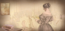 Illustration of Eunice Newton Foote showing her standing looking at a piece of paper in a laboratory. Courtesy of Carlyn Iverson, NOAA Climate.gov.