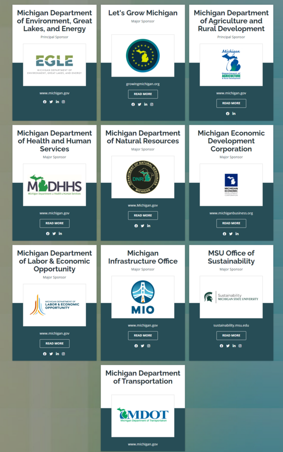 Conf Sponsors - EGLE, Let's Grow Michigan, MI Dept. of Health & Human Services, DNR, MEDC, LEO, MIO, MSU, MDOT