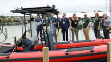 Vita Seal boat at the AQUA superPower E-Marine Demo event held at Elk Rapids Marina