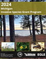 Cover of 2024 Michigan Invasive Species Grant Program handbook showing a background image.