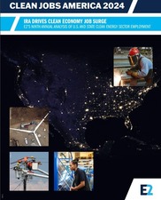 Cover of the Clean Jobs America 2024 report showing a variety of people working in clean energy jobs.