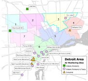 Map showing the locations of air monitoring sites in the Greater Detroit area. 