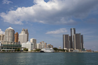 Huntington Place and Detroit Marriott Renaissance Center along the Detroit Riverfront