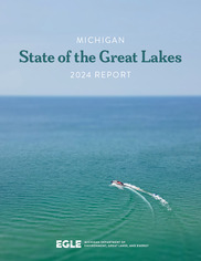 Cover of the 2024 State of the Great Lakes Report showing a boat curving through blue waters of a Great Lake.  