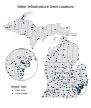 Map of Michigan showing water infrastructure grant locations.