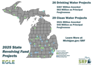 Map of Michigan showing locations of 2025 State Revolving Fund projects.