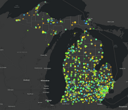 Screenshot of Grants and Loans dashboard showing locations on a map of Michigan.