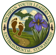 MYLES logo of Michigan map, path, footprints, and iris