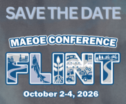 MAEOE Flint Conference logo: FLINT in block letters showing city skyline, sturgeon, growing plant, car manufacturing, and Belle-Iron trail