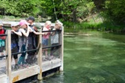 A picture of children standing on a deck looking at a pond.