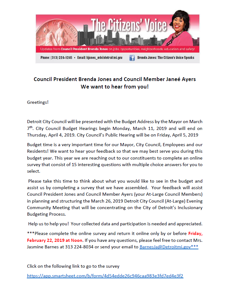 2019-2020 Fiscal Budget Community Engagement Survey from Council President Jones and Council Member Ayers