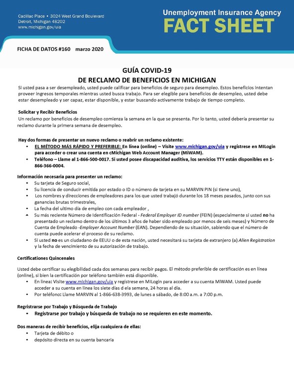 Claiming unemployment benefits in Michigan Fact Sheet (1)Spanish_Page_1