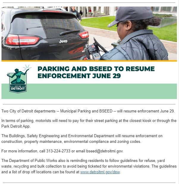 BE AWARE PARKING AND BSEED RESUME MONDAY, JUNE 29TH Compliments