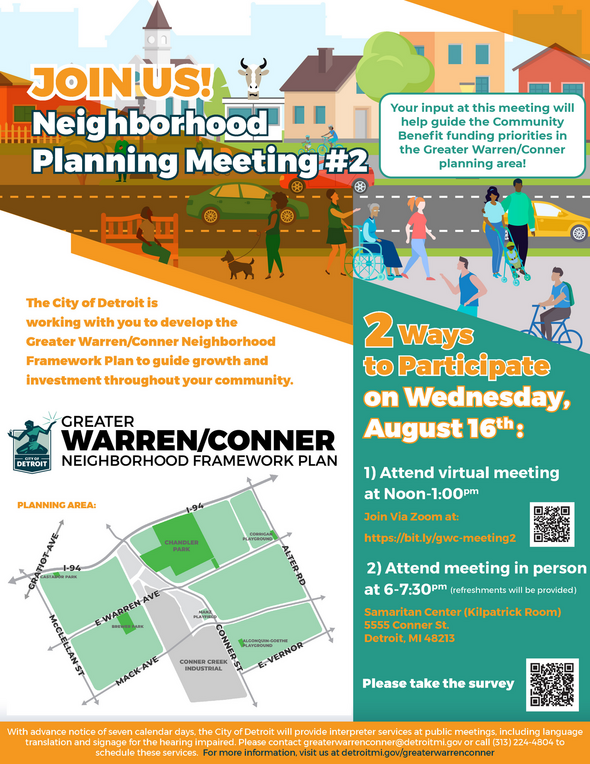 Attend the Greater Warren / Conner Neighborhood Framework Meetings on August 16th at 12pm (virtual on Zoom) and 6pm (at the Samaritan Center)